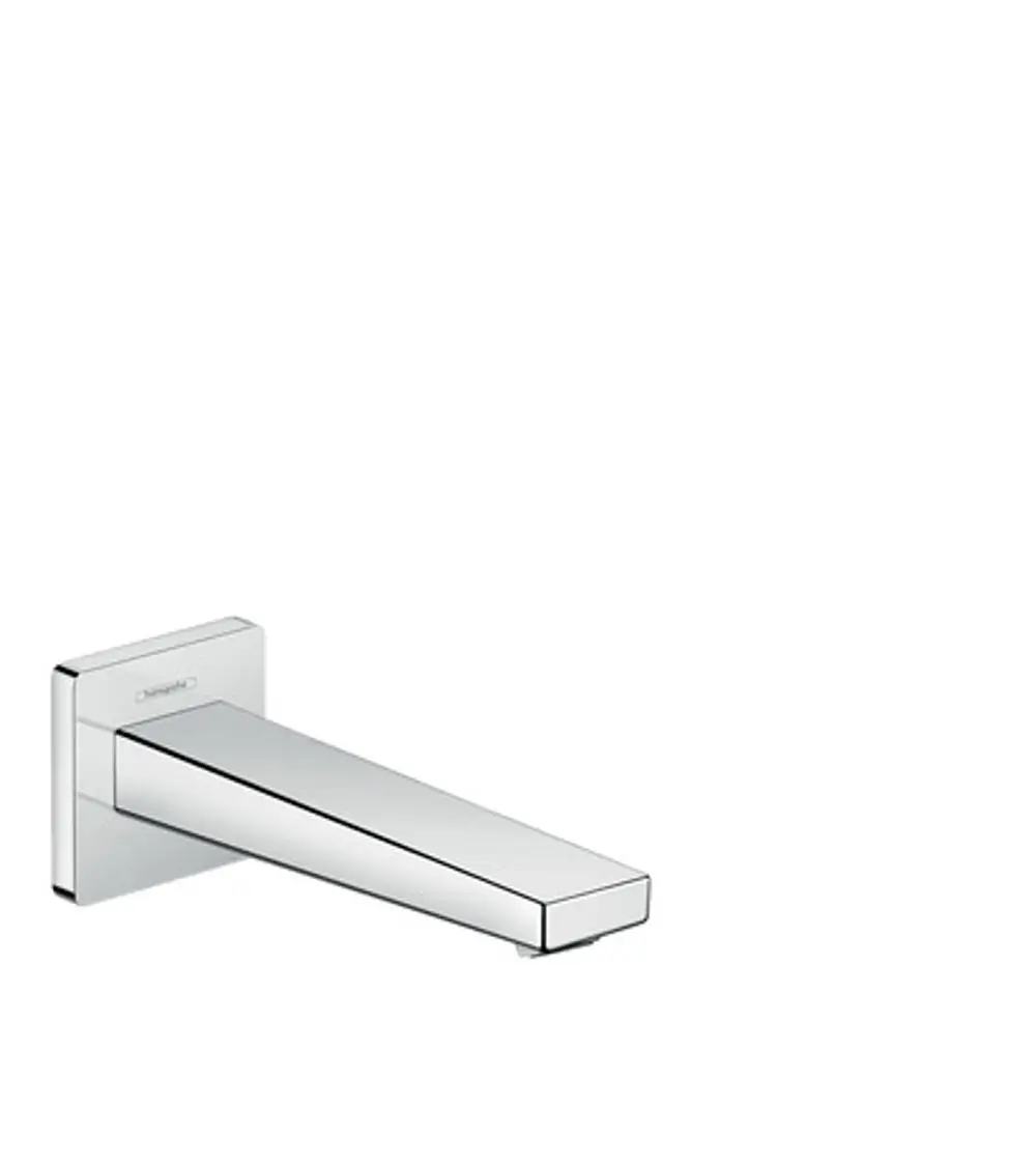 Wandmontierter Wasserhahn in chrom, minimalistisches Design mit quadratischer Basis von Hansgrohe, geeignet für Bad oder Wellness-Umgebung.